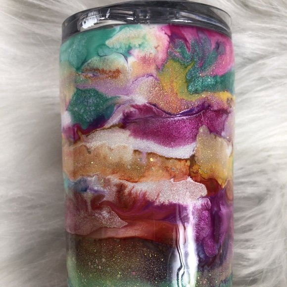 20 Ounce Tumbler Hand-Painted Pinks Pearl Teal Yellow Lid And Straw - Picture 2 of 16